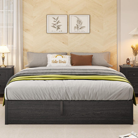 AMERLIFE Dark Oak Lift-Up Storage Bed Frame - Queen Size with Ample Under-Bed Storage AMERLIFE