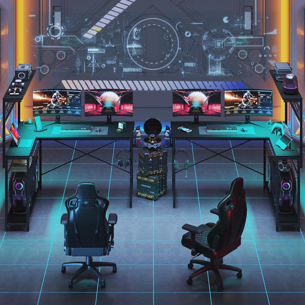 Bestier L Shaped Gaming Desk with Power Outlets, 51 inch Large LED Computer Desk Reversible Corner Desk with 4 Tiers Storage Shelves, Gamer Desk with Headset Hooks and Cup Holder, Carbon Fiber Black Bestier