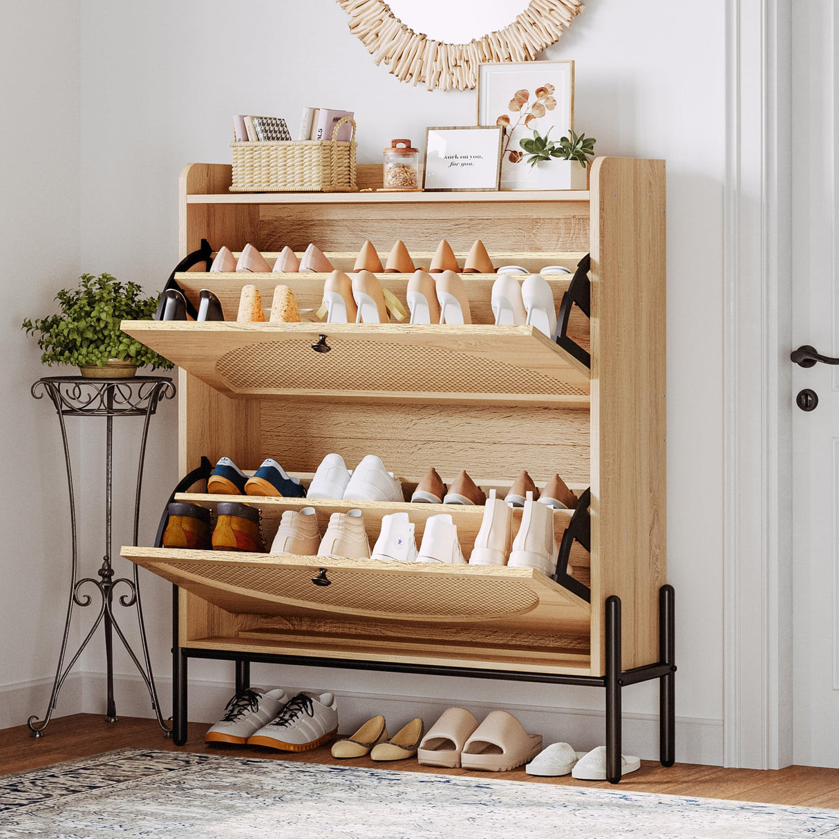 IRONCK Shoe Cabinet Storage with 2 Flip Drawers, Free Standing Wooden Shoe Storage Organizer Cabinet with Rattan Doors for Entryway, Narrow Shoe Rack Cabinet, Oak IRONCK