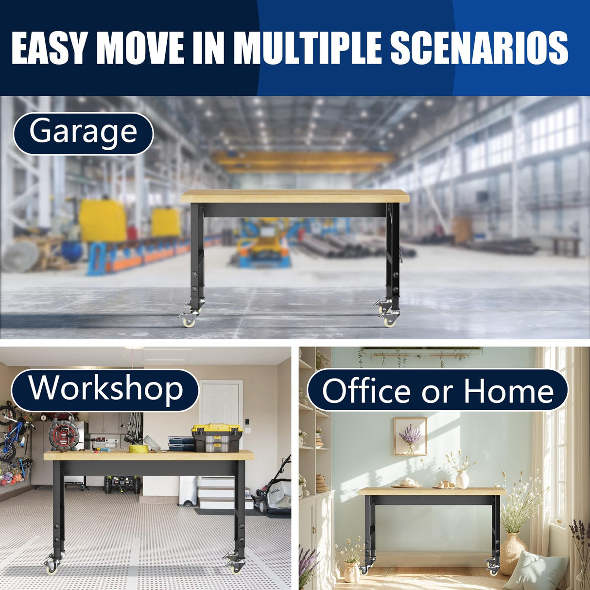 48'' Adjustable Workbench, 4 Heights Work Bench with Wheels and Power Outlets, 2000 LBS Heavy Duty Work Bench Table, Hardwood Work Benches for Garage, Workshop, Office, Home WXCOPON