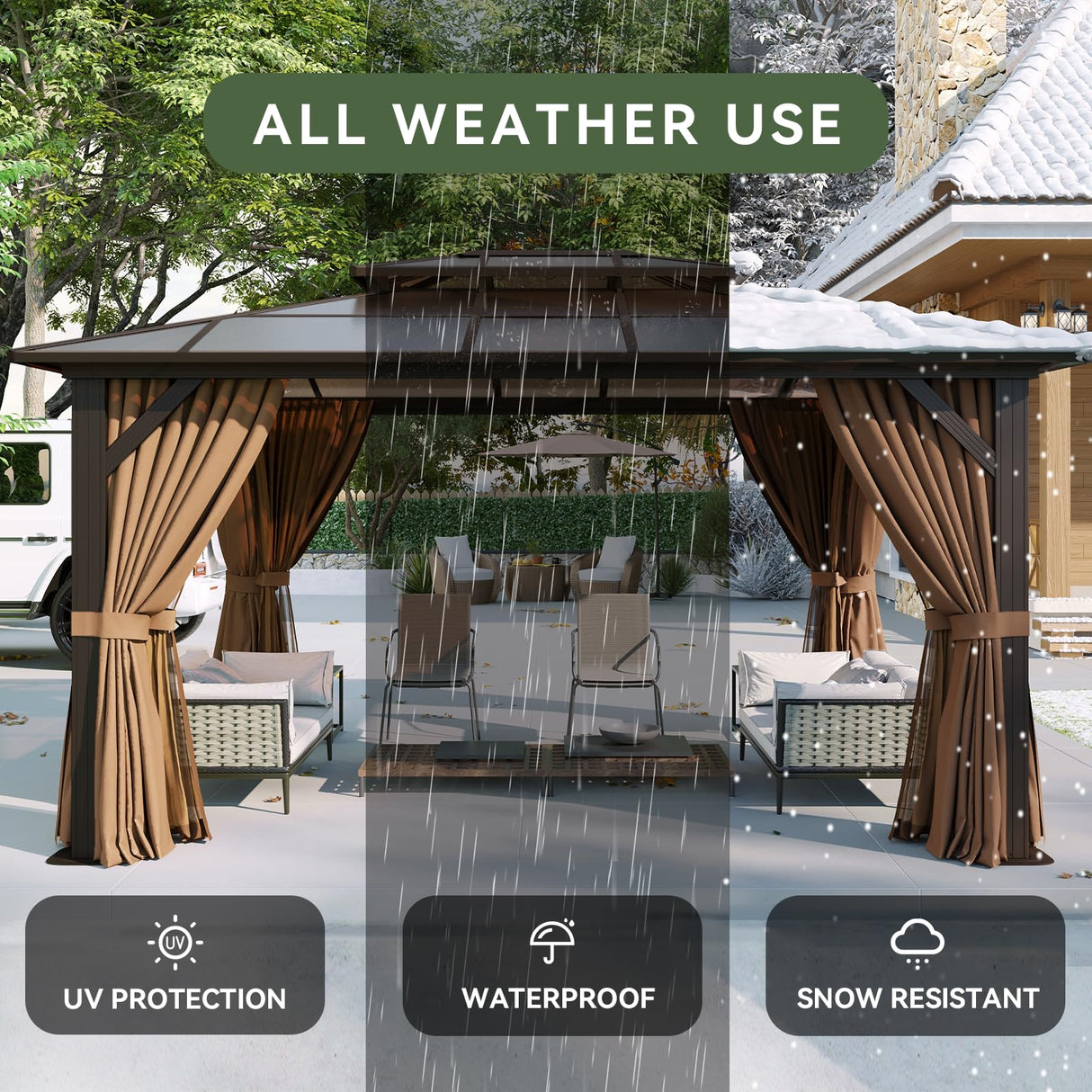 Aoxun 12'x10' Hardtop Gazebo, Aluminum Frame Permanent Pavilion with Curtains and Netting, Outdoor Polycarbonate Double Roof Canopy, Designed for Garden, Lawns, Patio, Brown Aoxun