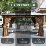Aoxun 12'x10' Hardtop Gazebo, Aluminum Frame Permanent Pavilion with Curtains and Netting, Outdoor Polycarbonate Double Roof Canopy, Designed for Garden, Lawns, Patio, Brown Aoxun