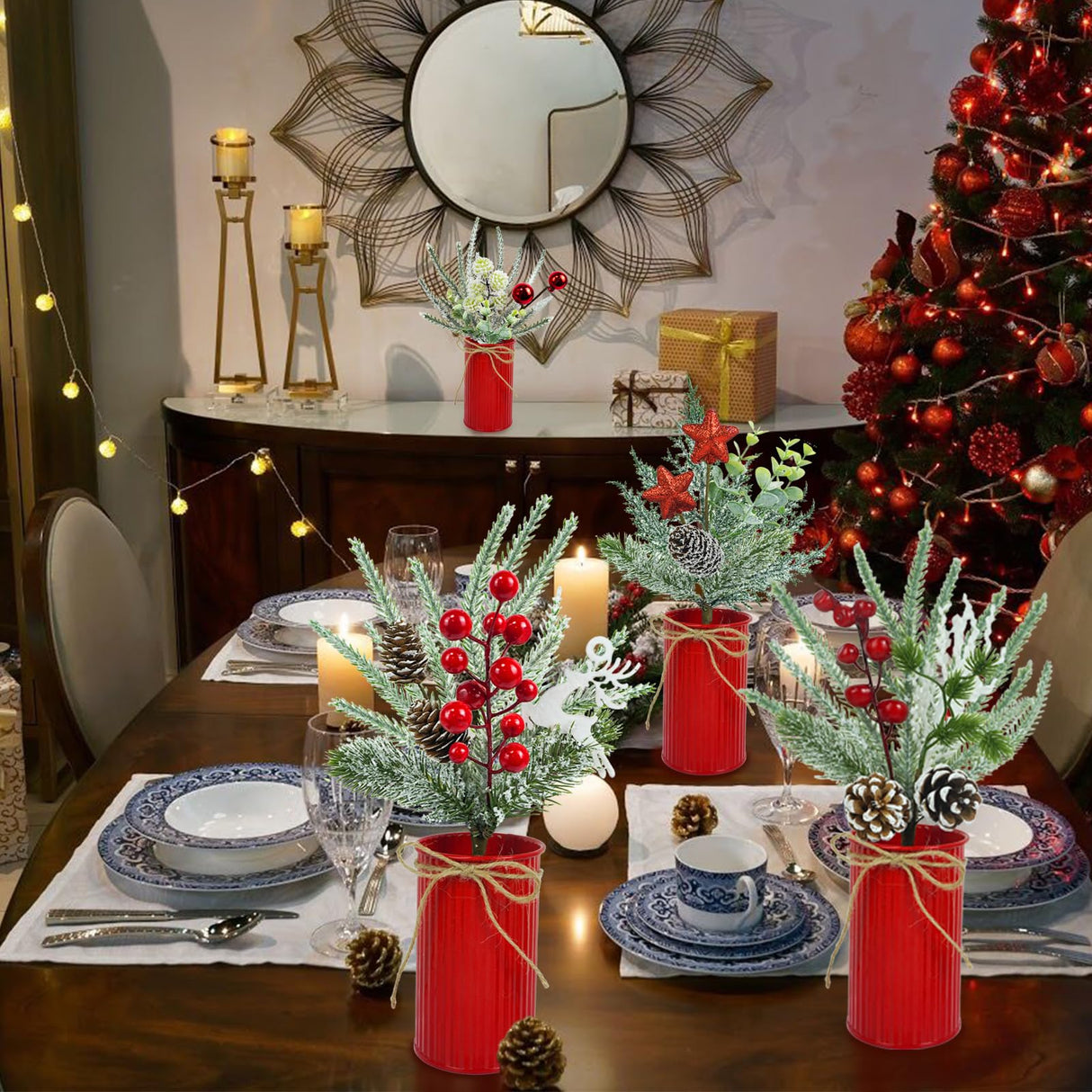 Succwoah 4 Pcs Christmas Centerpiece Table Decorations Artificial Potted Plants Floral Arrangement with Red Berries Pinecones Stars Balls for Home Desktop Farmhouse Party Decor Succwoah