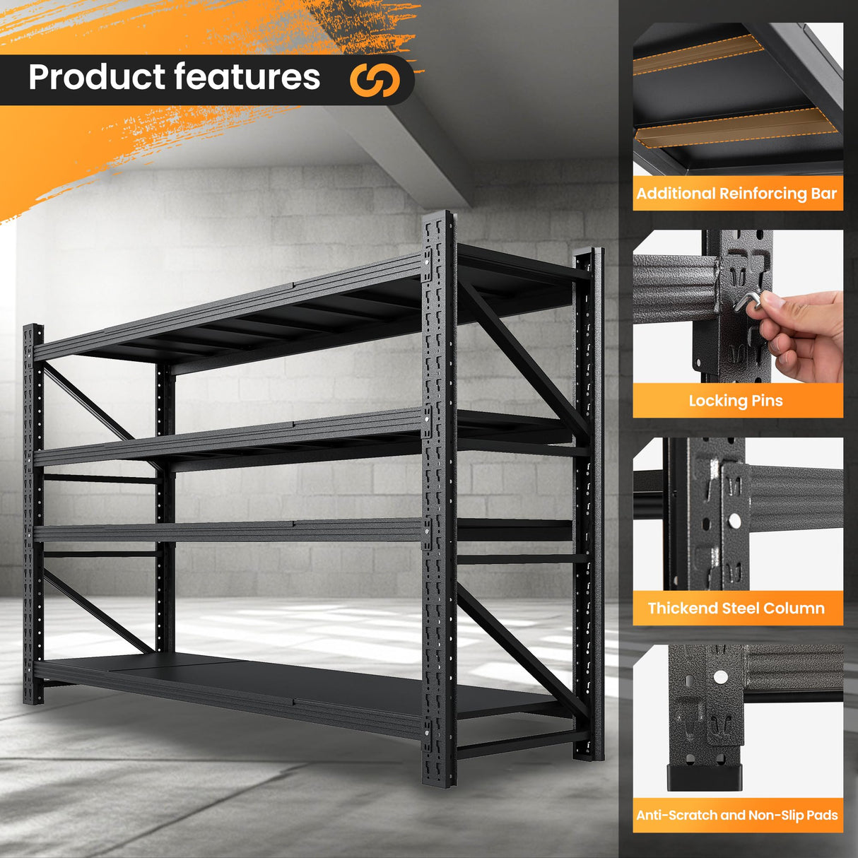 60” W Heavy Duty Garage Shelving, 5000LBS Metal Storage Shelves, 4 Tier Storage rack shelf, Steel Industrial Shelving , Adjustable Standing Shelf for Basement / Warehouse 60"W x 24"D x 70"H, Black AFAIF