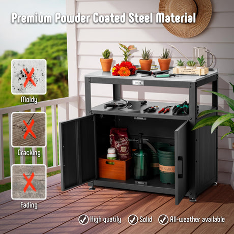 Feasto Garden Potting Bench with Storage Cabinet,Outdoor Gardening Table & Work Bench for Plants, Horticulture,Outdoor Workstation with Stainless Steel Tabletop,Outdoor Work Table Feasto