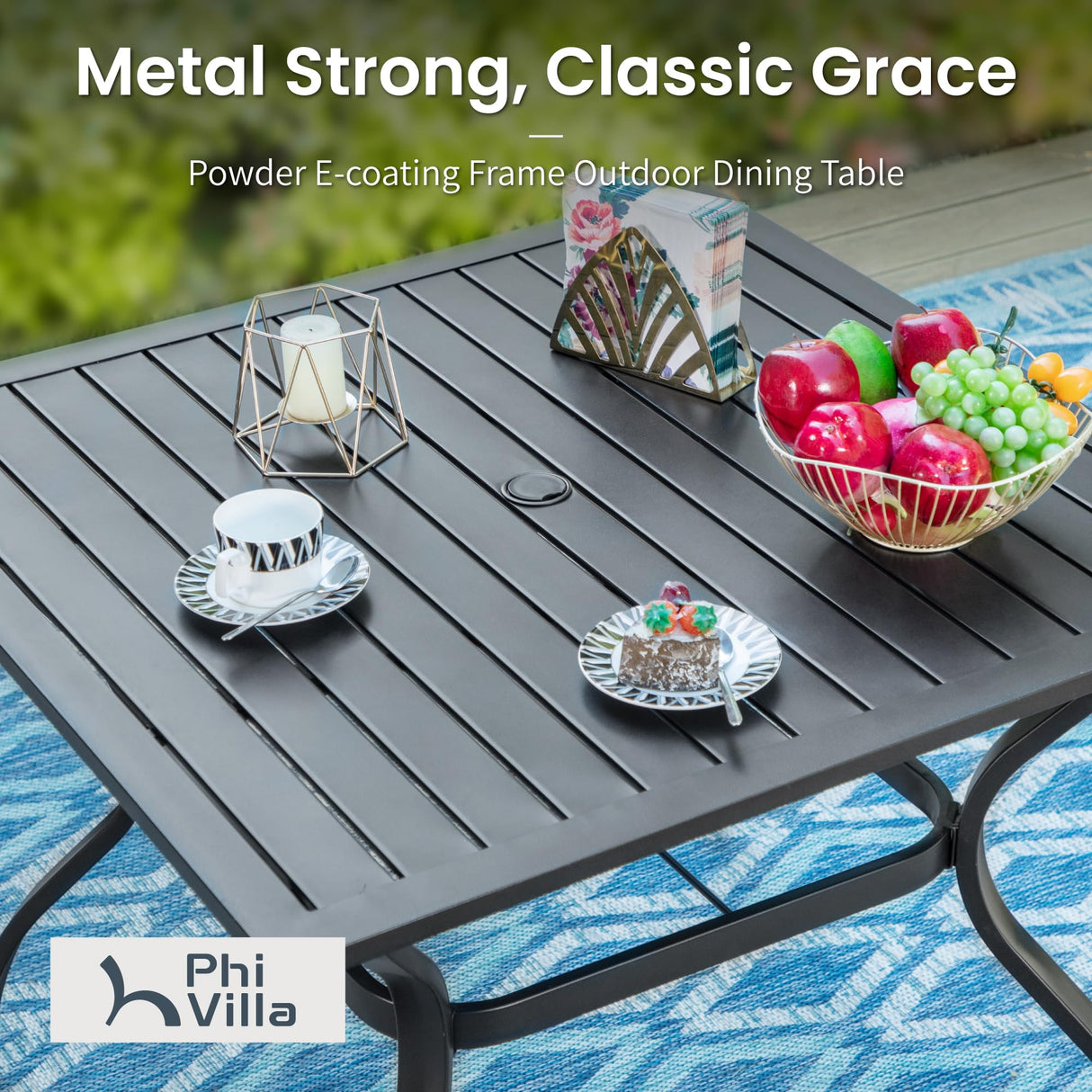 PHI VILLA 5-Piece Metal Patio Outdoor Table and Chairs Outdoor Dining Set - 37" Square Patio Table w/1.57" Umbrella Hole and 4 Backyard Garden Stackable Dining Chairs, Black PHI VILLA
