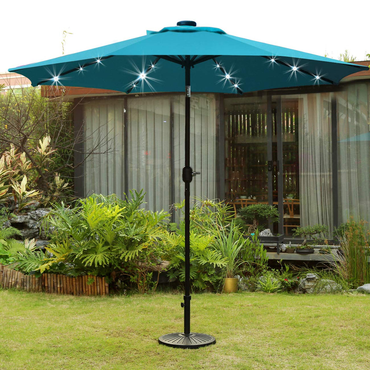 Sunnyglade 9' Solar LED Lighted Patio Umbrella with 8 Ribs/Tilt Adjustment and Crank Lift System (Teal Blue) Sunnyglade