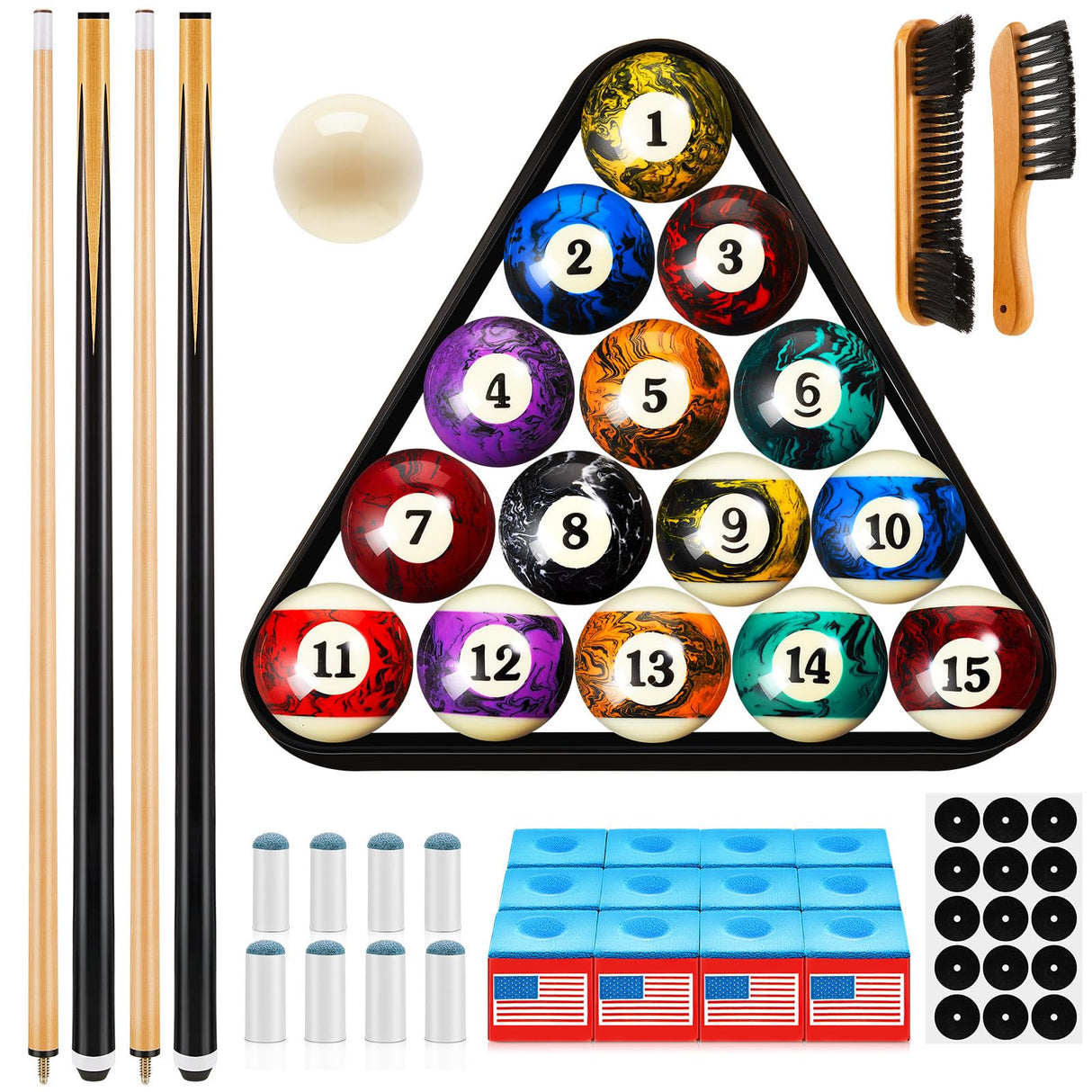 Outus 71pcs Pools Table Accessories Billiards Balls with Triangle Stand Pool Cue Chalks Cue Spot Sticker Brush(Dark Marble Style Balls) Outus