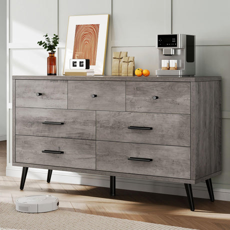 DWVO Grey 7 Drawer Dresser, 47" W Large Double Dresser Chest of Drawers, Modern Wood Storage Organizer with Black Metal Handles & Anti-Tipping Device for Hallway, Entryway DWVO