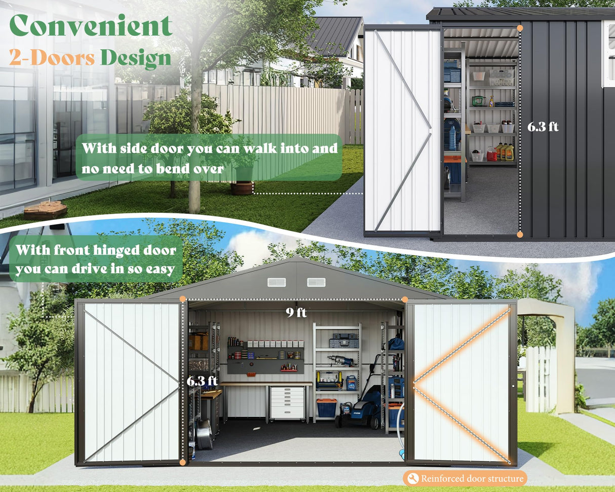 AMERLIFE 13.2x21x8 FT Outdoor Metal Garage Shed, Extra Large Storage Shed with Double Hinged Doors, 4 Windows, Carport for Car, Truck, Motorcycle and Lawn Equipment, Dark Grey AMERLIFE