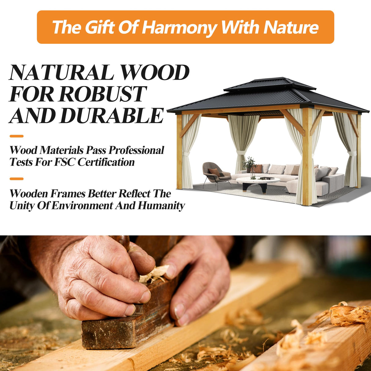 GARTOO 13’x15’ Patio Wooden Gazebo, Galvanized Steel Roof Gazebo with Privacy Curtains and Netting, Double Vented Roof Hardtop Gazebo for Garden, GARTOO