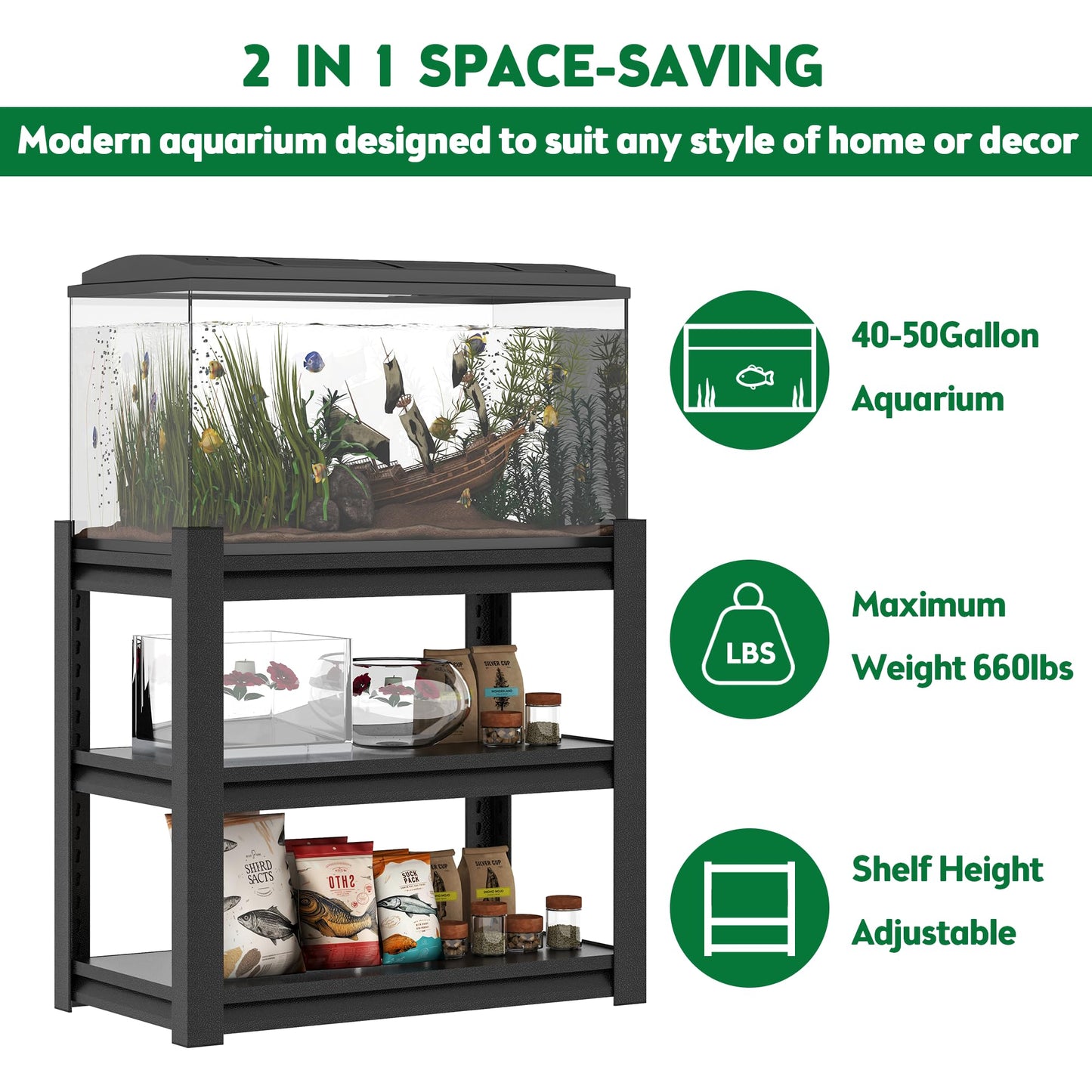 40-50 Gallon Fish Tank Stand, Modern Metal Aquarium Stand, Adjustable Heavy Duty Reptile Terrarium Tank Stand, Adjustable 3-Tier Fish Tank Rack Shelf for Home Office, 31.5"L x 18"W x 34"H, Black