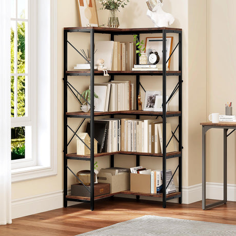 YITAHOME Corner Bookshelf, Industrial Corner Shelf 5 Tier Bookcase, Large Display Rack Storage for Bedroom, Living Room, Home Office,Rustic Brown YITAHOME