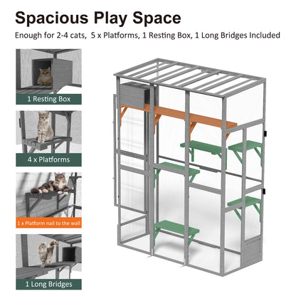 TIMHAKA Catio Playground Window Cat Catio Outdoor Cat Enclosure, Large Catio for Multiple Indoor Cats, Outdoor Cat House with Waterproof Roof, Platforms, Sleeping Box and Bridges, 74.8" x 33.5" x 100"