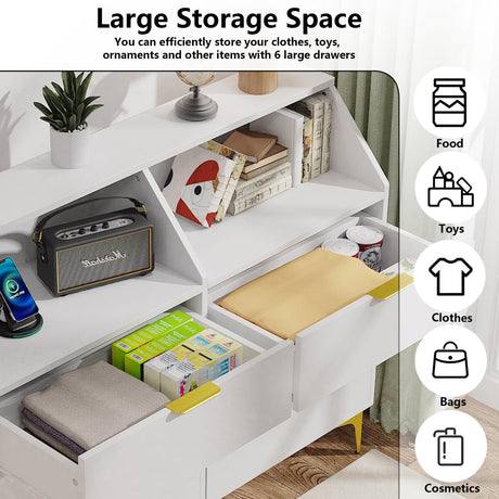 LOUVIXA 6 Drawer Dresser with LED Light, Chest of Drawers with Charging Station, Large Double Dressers, Wooden Dressers for Bedroom, Living Room, Entryway, Hallway (White) LOUVIXA
