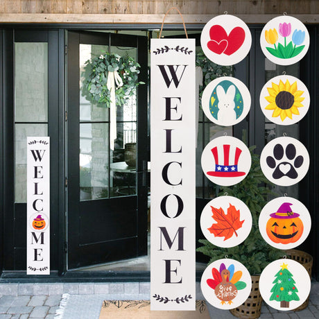 Monjita Welcome Sign for Front Porch Standing, Interchangeable Welcome Standing Sign with 5 Designed Double-Sided Icons for Front Door, All Seasonal Farmhouse Rustic Modern Porch Decor for Fall MONJITA