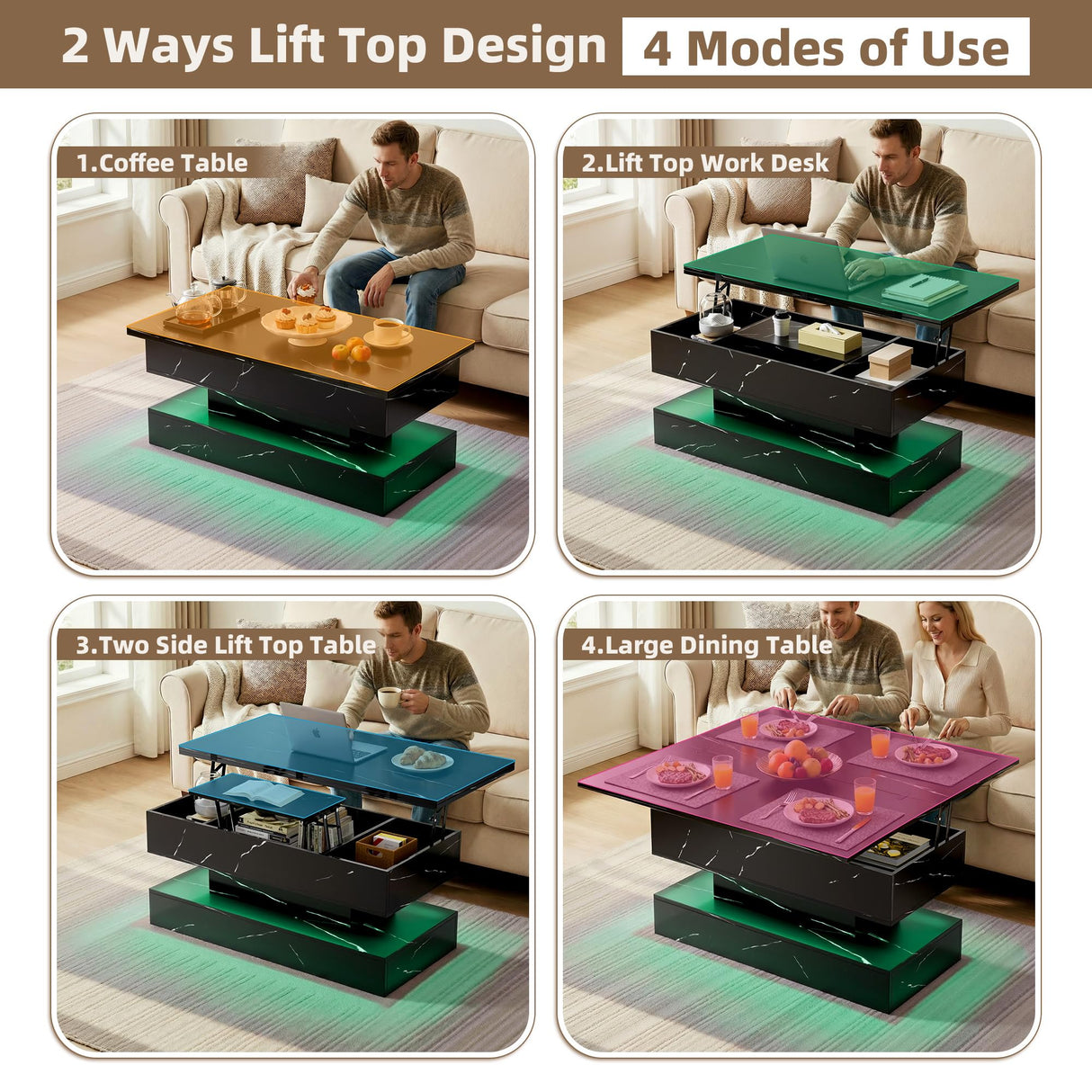 40" Lift Top Coffee Table, Multi-Function Convertible Workstation Table with Storage & Charging Station, Modern Faux Marble Design for Living Room & Small Spaces Fabulcozy