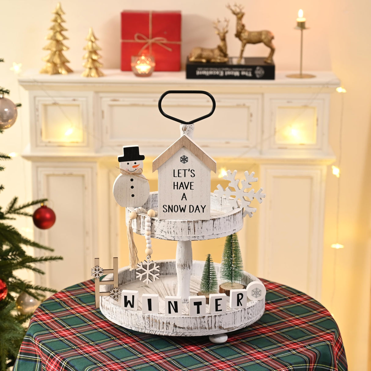 FESTGLOX 14Pcs Winter Christmas Tiered Tray Decor, Snowman Wood Signs Set for Tiered Tray, Small Rustic Winter Snowman Signs and Christmas Tree for Home Table Decoration (Tray Not Included) FESTGLOX