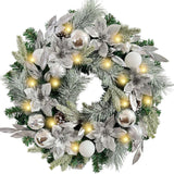 WANNA-CUL Pre-Lit 24 Inch Lighted Christmas Wreath for Front Door Decor with Silver White Christmas Ball Ornaments and Poinsettia Flowers,Battery Operated 30 LED Lights WANNA-CUL