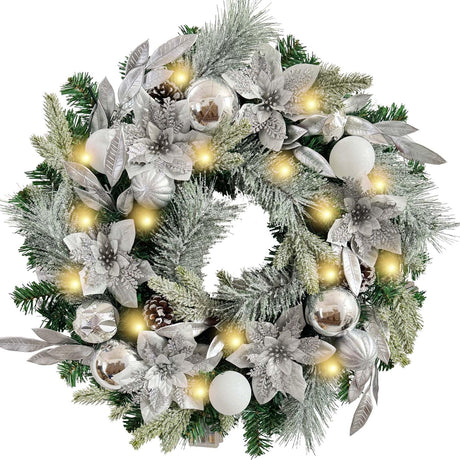 WANNA-CUL Pre-Lit 24 Inch Lighted Christmas Wreath for Front Door Decor with Silver White Christmas Ball Ornaments and Poinsettia Flowers,Battery Operated 30 LED Lights WANNA-CUL