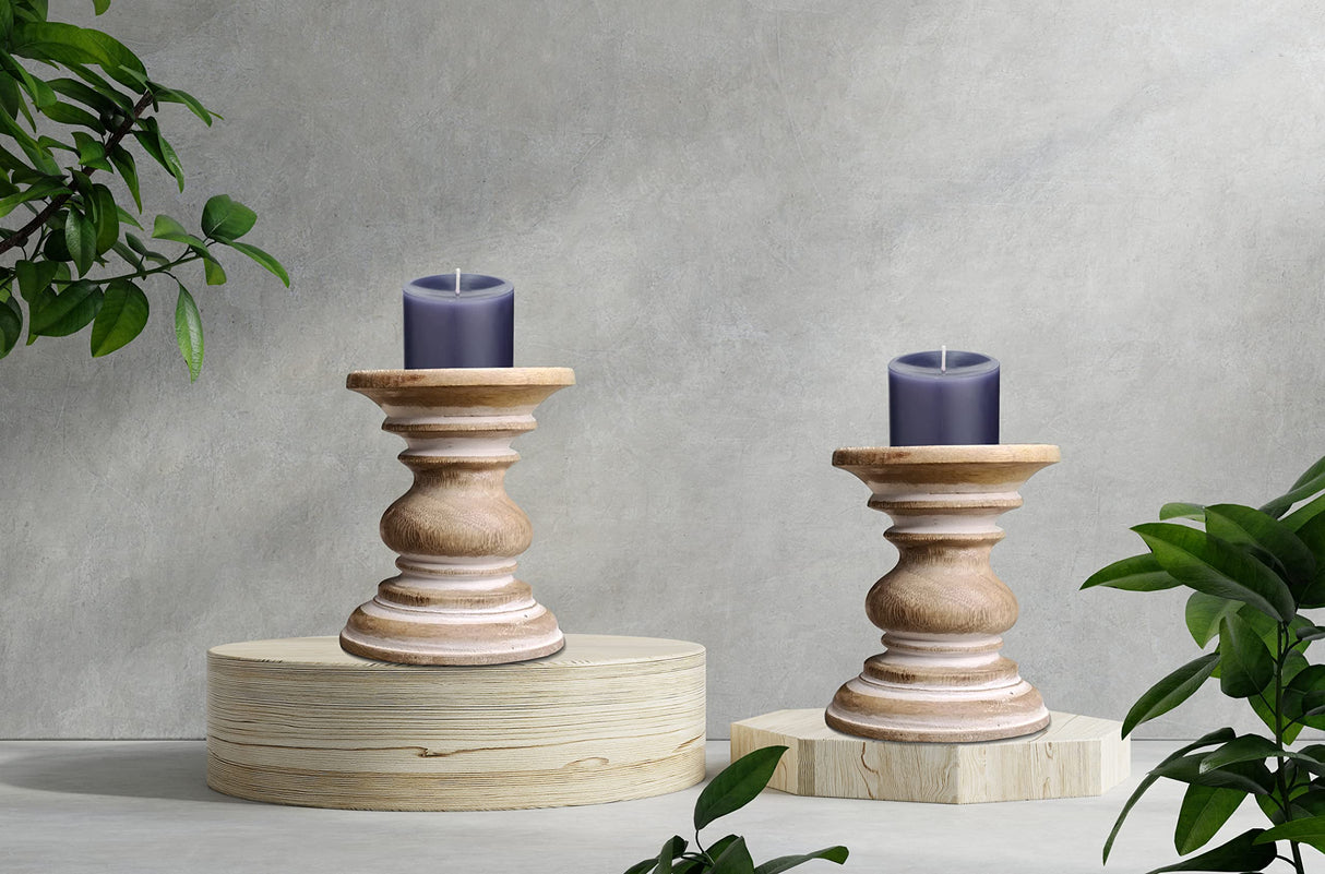 White Wooden Candle Holder,Candle Holder,Wood Candle Holder,Candle Holders,Farmhouse Candle Holder,Candle Holder Set of 2,Wood Pillar Candle Holder,Height 6 inch Set of 2, White Wash Light & Pro