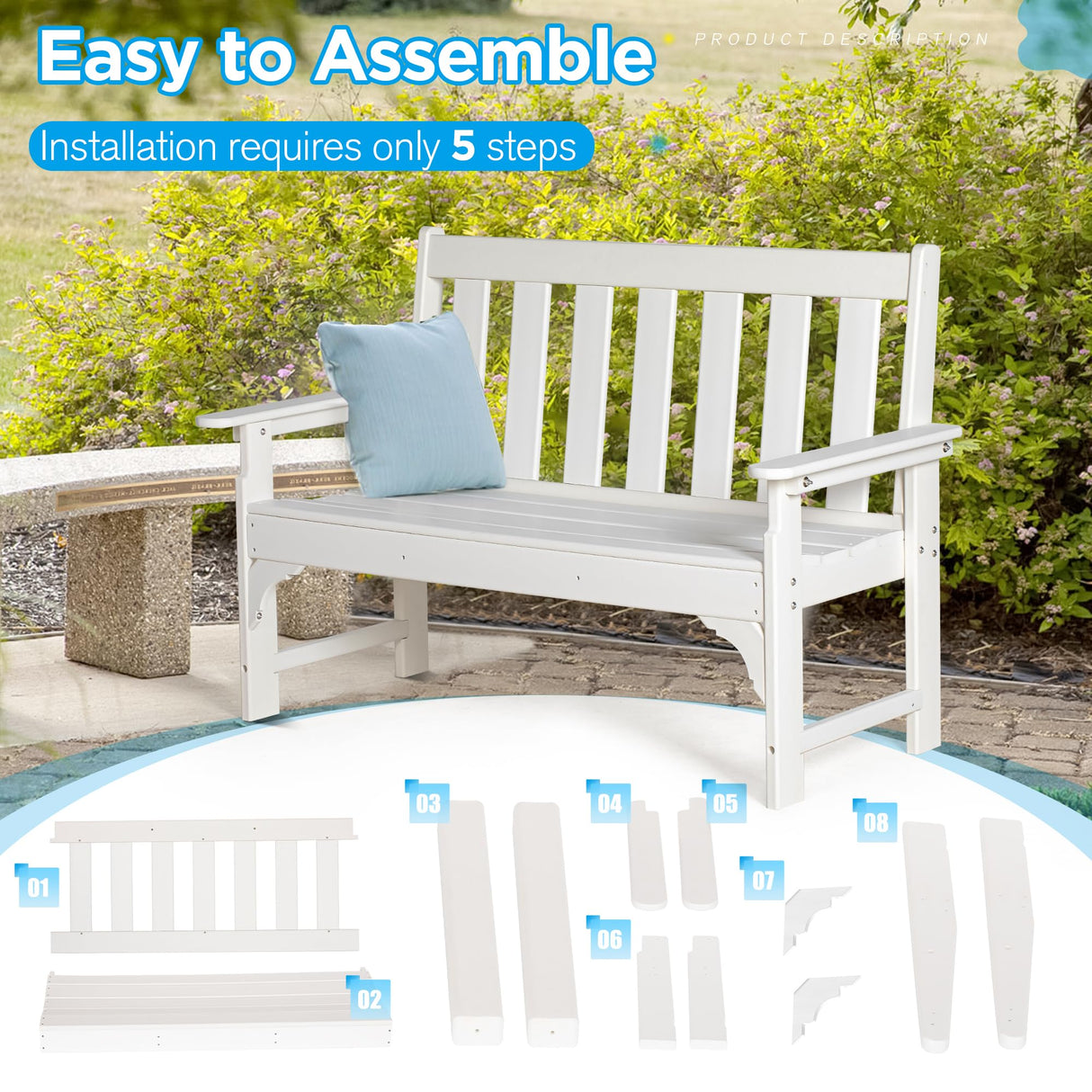 nalone Outdoor Bench, HDPE All Weather Patio Bench Load up to 800 Lbs, 2-Person Garden Bench Rot-Proof Fade Proof for Patio, Porch, and Park (White) nalone