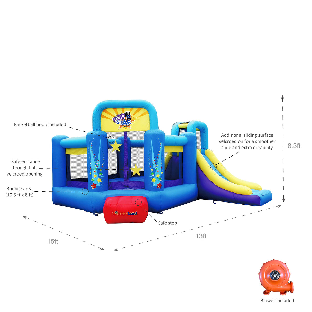 Bounceland Pop Star Inflatable Bounce House Bouncer, Large Bouncing Area with Long Slide, Climbing Wall, Basketball Hoop, UL 1HP Blower Included, 15 ft x 13 ft x 8.3 ft H, Pop Star Kids Party Theme Bounceland