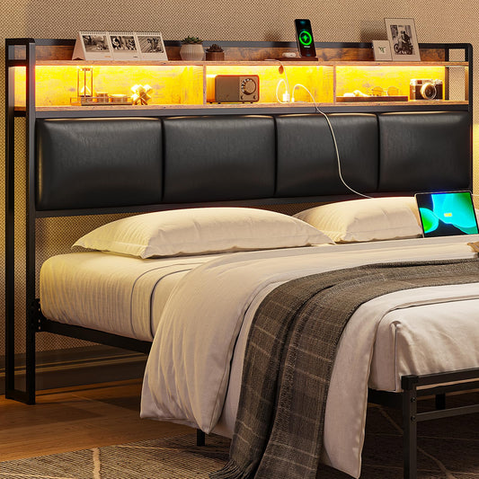 Elegant King Upholstered Headboard with LED Lighting & Charging Station - Black PU with Storage Shelves - WoodArtSupply