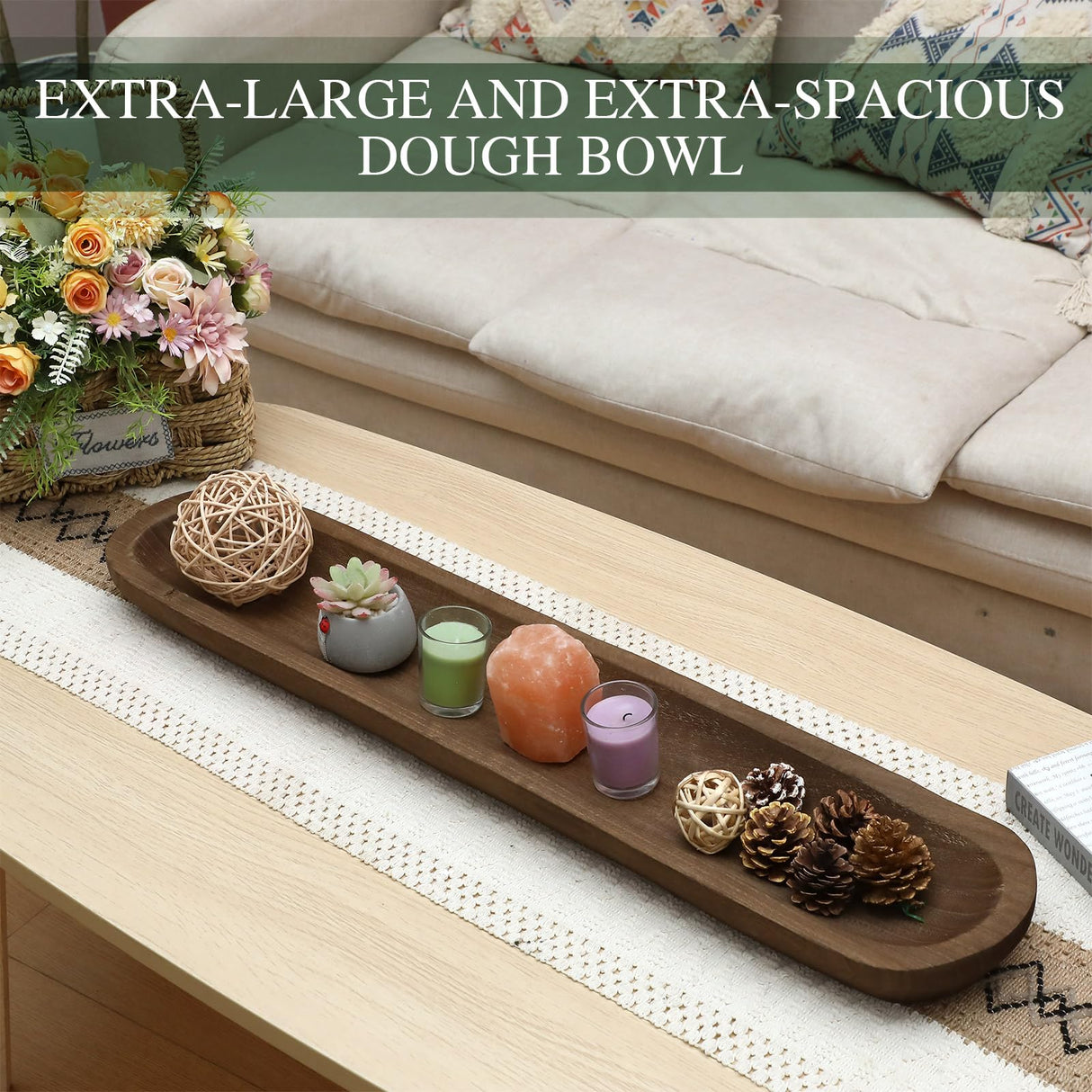 Nuogo 2 Pack 30 Inch Large Wooden Decorative Dough Bowls Rustic Paulownia Long Hand Carved Wood Bowl Dining Room for DIY Home Crafts Making Farmhouse Fruits Supplies Decoration Nuogo
