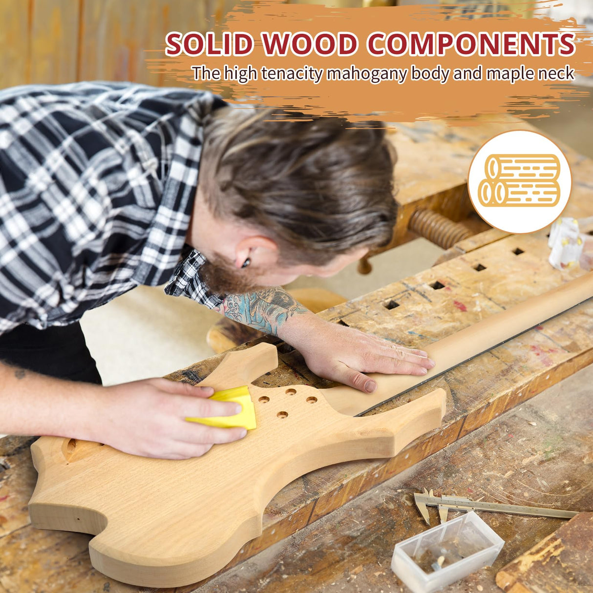 Ktaxon DIY Electric Guitar Kit, 46Inch DIY Bass Guitar Kit with Mahogany Body, Solid Wood Fingerboard and Maple Neck, Easy Installation & All Accessories Included to Build Your Own Guitar(Flame) Ktaxon