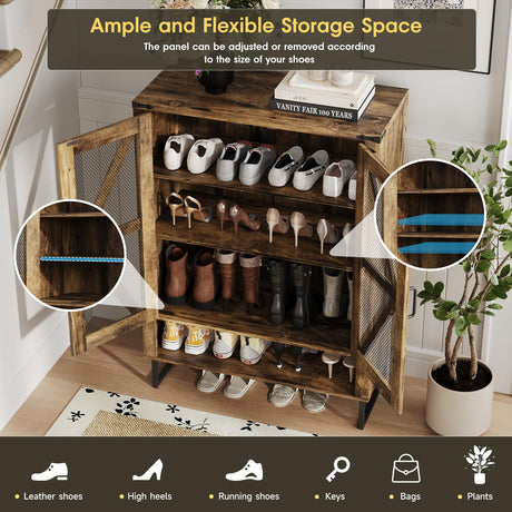 Maupvit Farmhouse Shoe Cabinet with Doors, 6-Tier Shoes Rack Shoe Storage Organizer with Adjustable Shelves & Metal Legs, Rustic Shoe Storage Cabinet for Entryway, Hallway, Closet, Living Room Maupvit