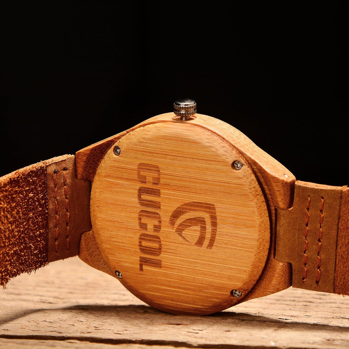 CUCOL Men's Bamboo Wooden Watch with Brown Cowhide Leather Strap Japanese Quartz Movement Casual Watches CUCOL