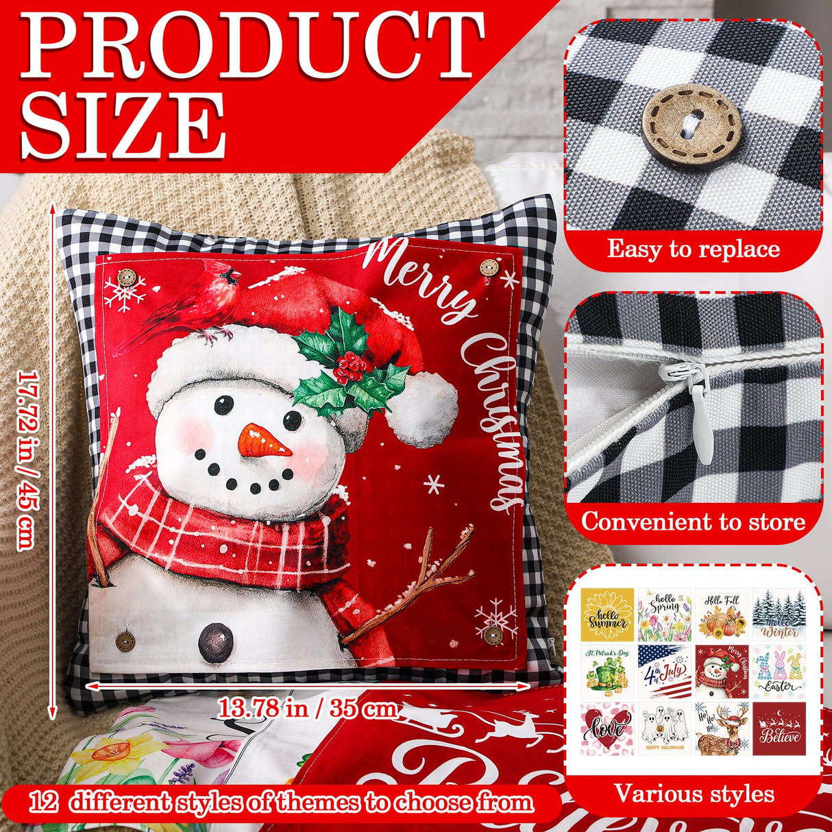 Set of 13 Seasonal Holiday Throw Pillow Covers 18 x 18 in with 12 Interchangeable Holiday Panels Christmas Thanksgiving Fall Xmas Winter Decorative Square Pillowcase for Farmhouse Sofa Home Decor Hahafelt