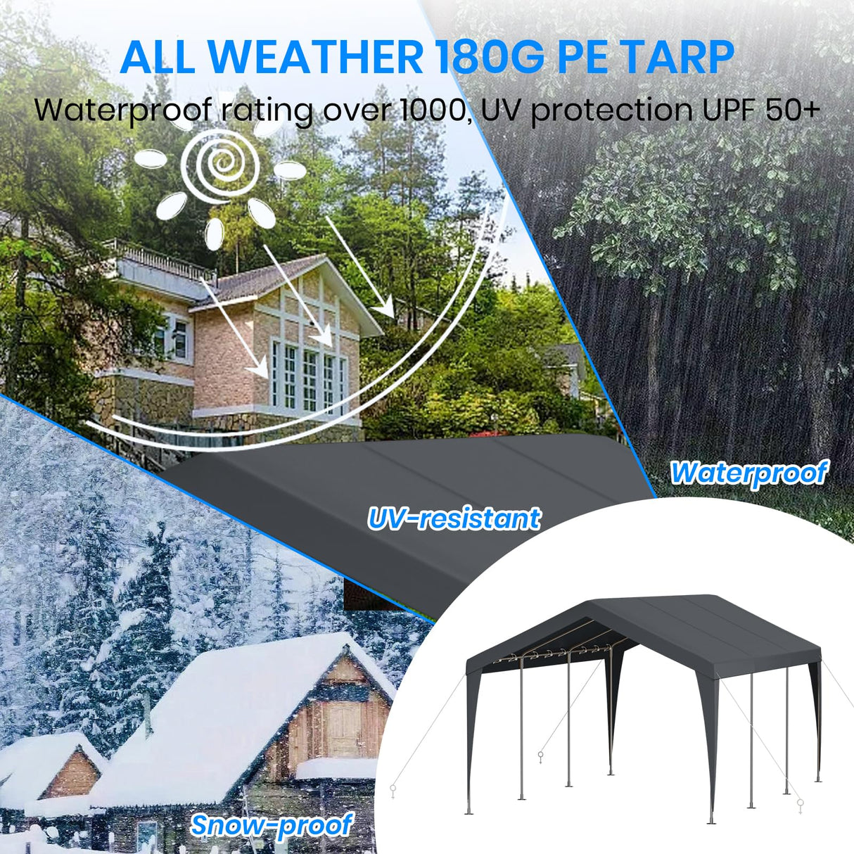 Carport 10x20 Heavy Duty Portable Garage,Galvanized Frame Carport Canopy,Portable Garages and Shelters with 8 Leg&4 Wind Rope,Car Tent Garage with All-Season Tarp for Boat Truck Bike,Without Sidewall BUPPLEE