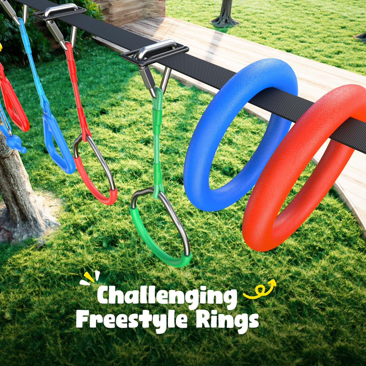 Hapfan 65 ft Ninja Warrior Obstacle Course for Kids with Swing, Ninja Rope Course with 11 Obstacles for Backyard Outside, Tree Slackline Jungle Gym Outdoor Hapfan