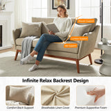 VINGLI 63.5" Comfy Small Upholstery Love Seat Couch with Soild Rubber Wood Frame, 2 Seater Mid Century Linen Fabric Loveseat Sofa, Mini Couch with Two Pillows for Small Spaces, Bedroom, Khaki VINGLI