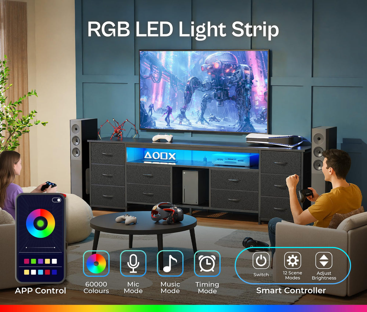 Huuger 70.9 Inch LED TV Stand Dresser with Power Outlets, USB-C Port and LED Lights, 10 Fabric Drawer Dresser for Bedroom, Long Entertainment Center for 75, 80 Inch TV, Open Shelves, PU Leather, Black Huuger