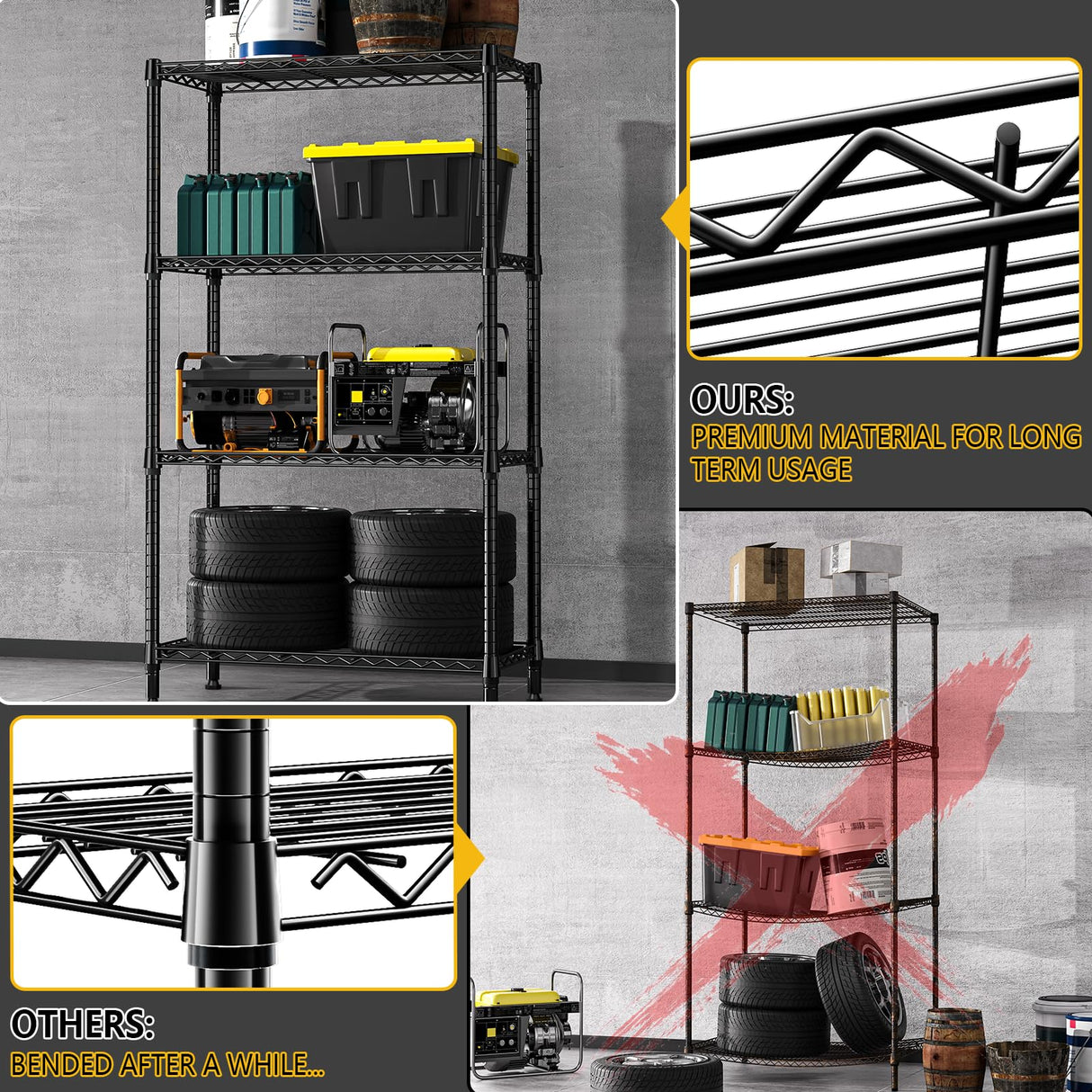 M MZG 1000 lbs 4 Tier Shelf Metal Storage Shelves Shelving Wire Rack Heavy Duty Closet Organizers for Garage Kitchen Bathroom Laundry Black 15.7" D x 33.5" W x 59.5" H M MZG