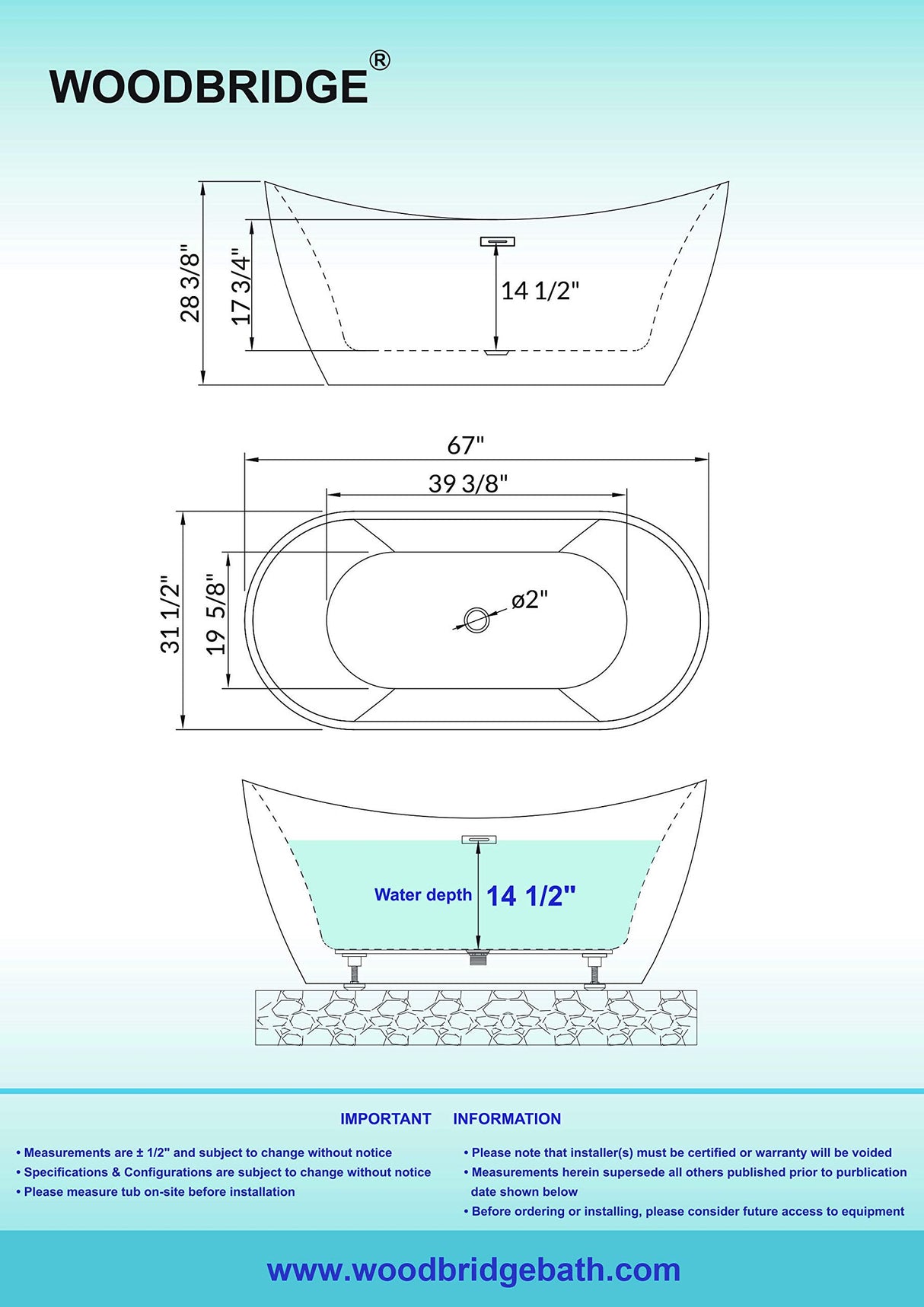 WOODBRIDGE 67" Acrylic Freestanding Bathtub Contemporary Soaking White Tub with Matte Black Overflow and Drain,B0010-MB WOODBRIDGE