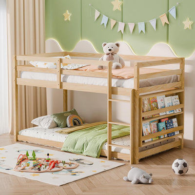 Xilingol Low Bunk Bed for Kids, Floor Bunk Bed Twin Over Twin with Bookshelves & Full Guardrails, Wooden Twin Bunk Bed Frame for Bedroom, Dorm, Boys, Girls, Children, Toddler (Natural)