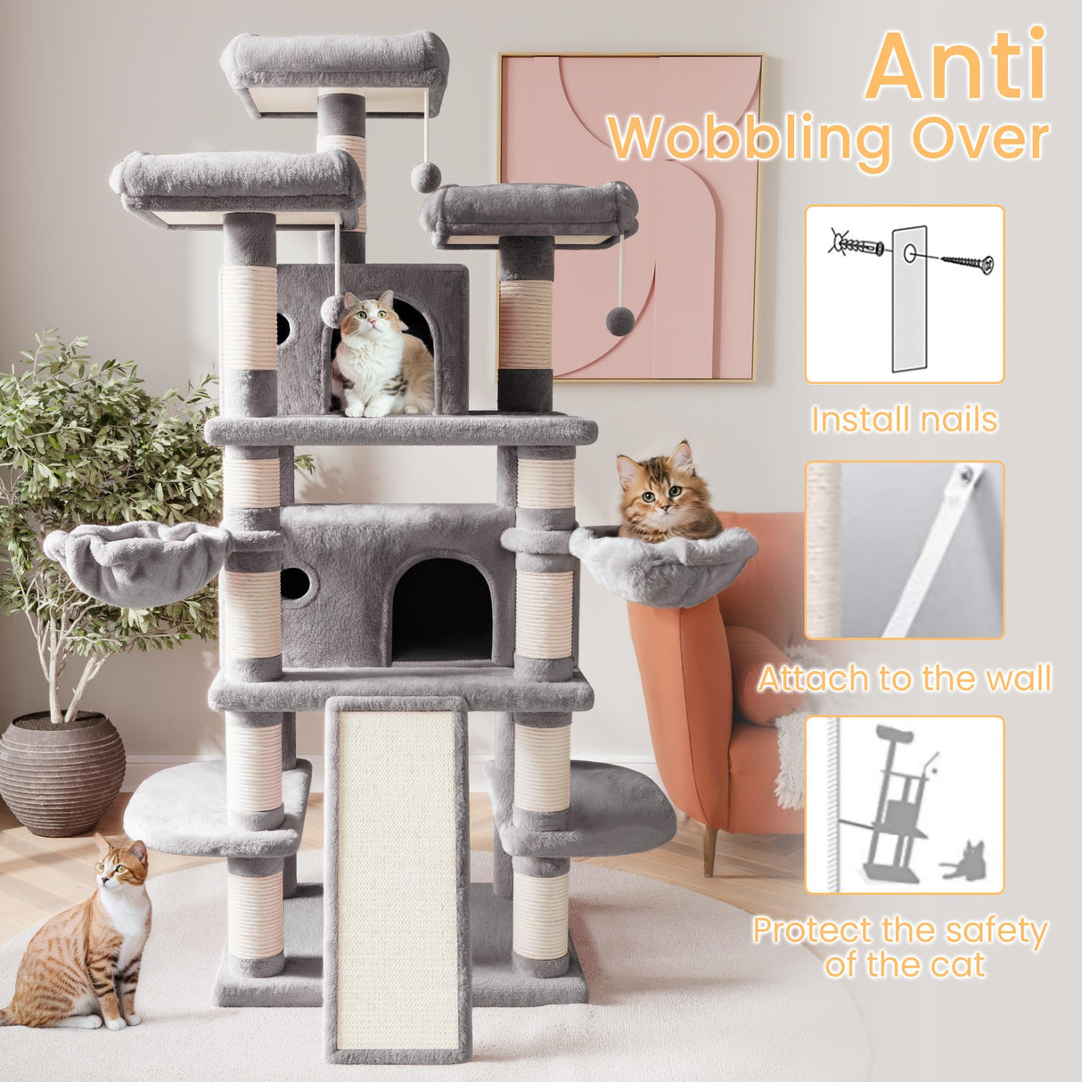 SHA CERLIN 68 Inches Multi-Level Large Cat Tree for Large Kitties/Big Cat Tower with Condo/Cozy Plush ‌Pussycat Perches/Sisal Scratching Posts and Hammocks/Activity Center/Grey SHA CERLIN