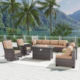 Gotland 11 Pieces Outdoor Patio Furniture Set with 2 Swivel Rocking Chairs&55,000 BTU Gas Fire Pit Table w/Glass Wind Guard Patio Conversation Sectional Sofa Sets-Khaki Gotland