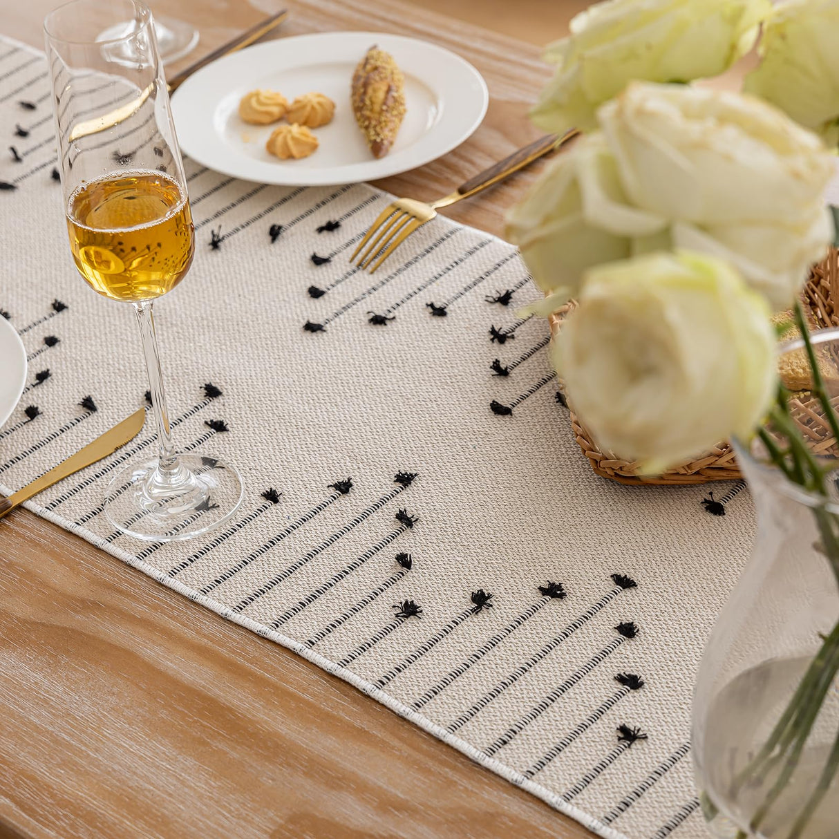 Joyfol Day Boho Table Runner, Farmhouse Stripe Cotton Table Runners with Tassels for Home Dining Table Decor, Rustic Natural Woven Dresser Scarf (Beige&Black,13 x 36 Inch) Joyfol Day