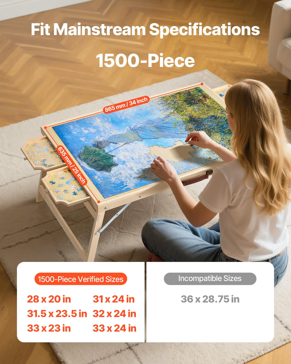 VEVOR 1500 Piece Puzzle Table with Folding Legs, 4 Drawers and Cover, 34x25 in Portable Wooden Board, Jigsaw Puzzle Accessories for Adults, Organizer & Storage System, Birthday Gift for Mom VEVOR