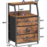 Furnulem Nightstand with 3 Drawers and 2-Tier Shelf, Fabric Small Dresser Organizer Vertical Storage Tower for Bedroom, Closet, Hallway, Nursery, End Table Side Furniture, Sturdy Steel Frame, Wood Top Furnulem