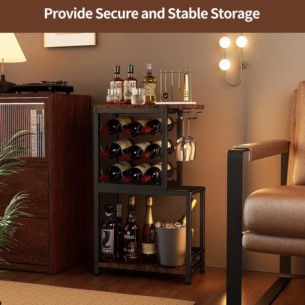 Nuovoware Wine Rack Freestanding Floor, 3 Tier Wine Rack Tabletop with Glasses Holder, Versatile Liquor Stand for Home Bar, Mini Bar Table Corner Liquor Whiskey Wine Display Stand, Black+Brown Nuovoware