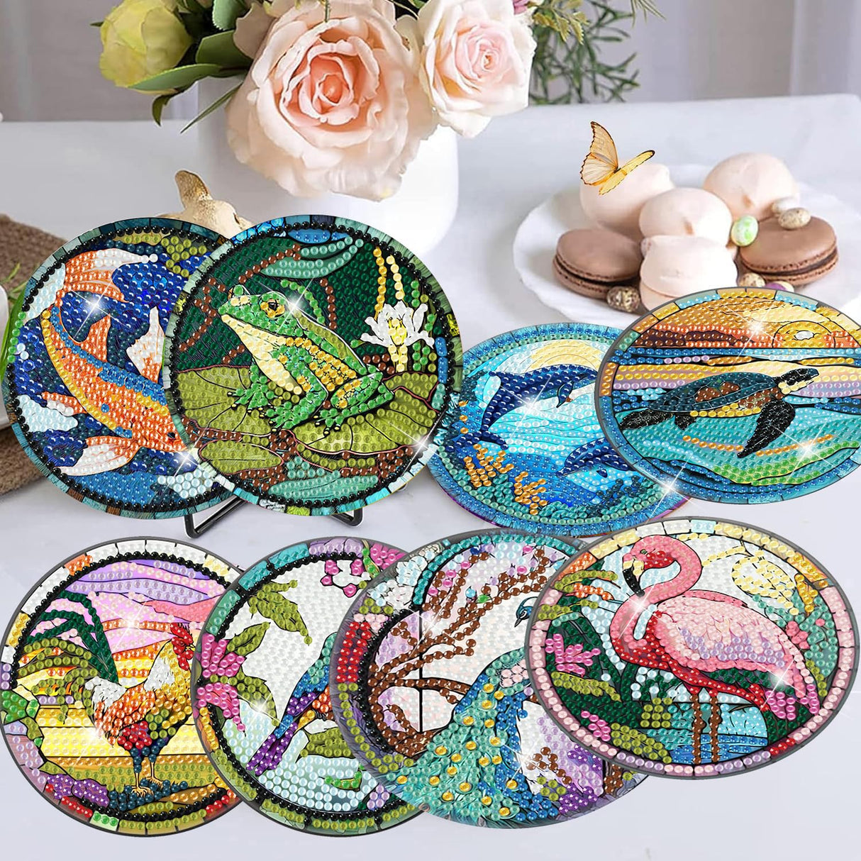 Meothan 8 Pcs Diamond Art Coasters Kits for Adults with Holder Cork Pads, Diamond Dots Art Painting Coasters Crafts Kit for Home Office Decor (Different Animals) Meothan