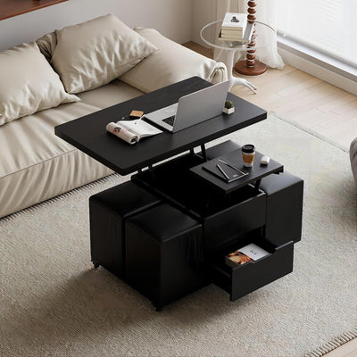 homary Black Lift-Top Coffee Table with Hidden Storage, Multifunctional 3-in-1 Modern Coffee Table with 4 Stools and Lockable Wheels for Living Room (Black)