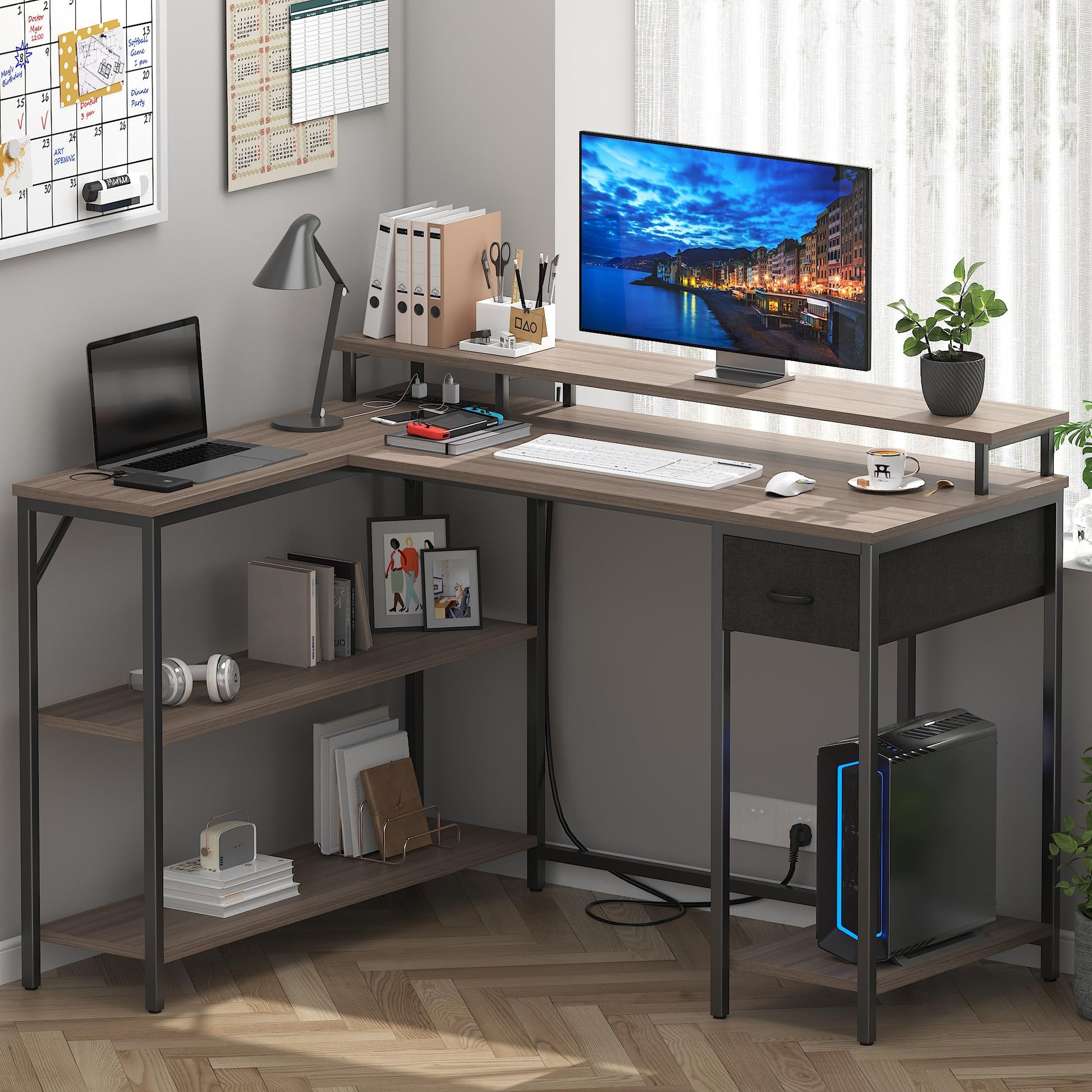 Shahoo L Shaped Computer Desk with LED Lights & Power Outlet & USB Ports & Large Monitor Stand 47 Inch Reversible Corner Table with Storage Shelves & Drawer for Home Office & Gaming, 47 in, B - WoodArtSupply