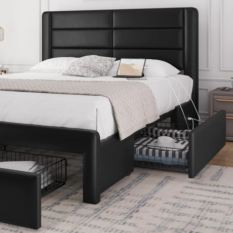 Yaheetech Queen Size Bed Frame with 2 USB Charging Station/Port for Type A&Type C/3 Storage Drawers, Leather Upholstered Platform Bed with Headboard/No Box Spring Needed/Cool Black Yaheetech